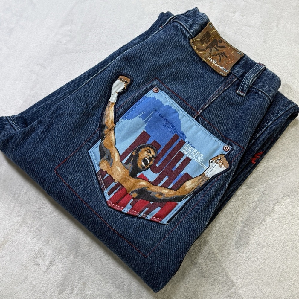 Vintage Platinum FUBU Muhammad Ali Jeans Y2K Denim Graphic Patch Baggy 34x32